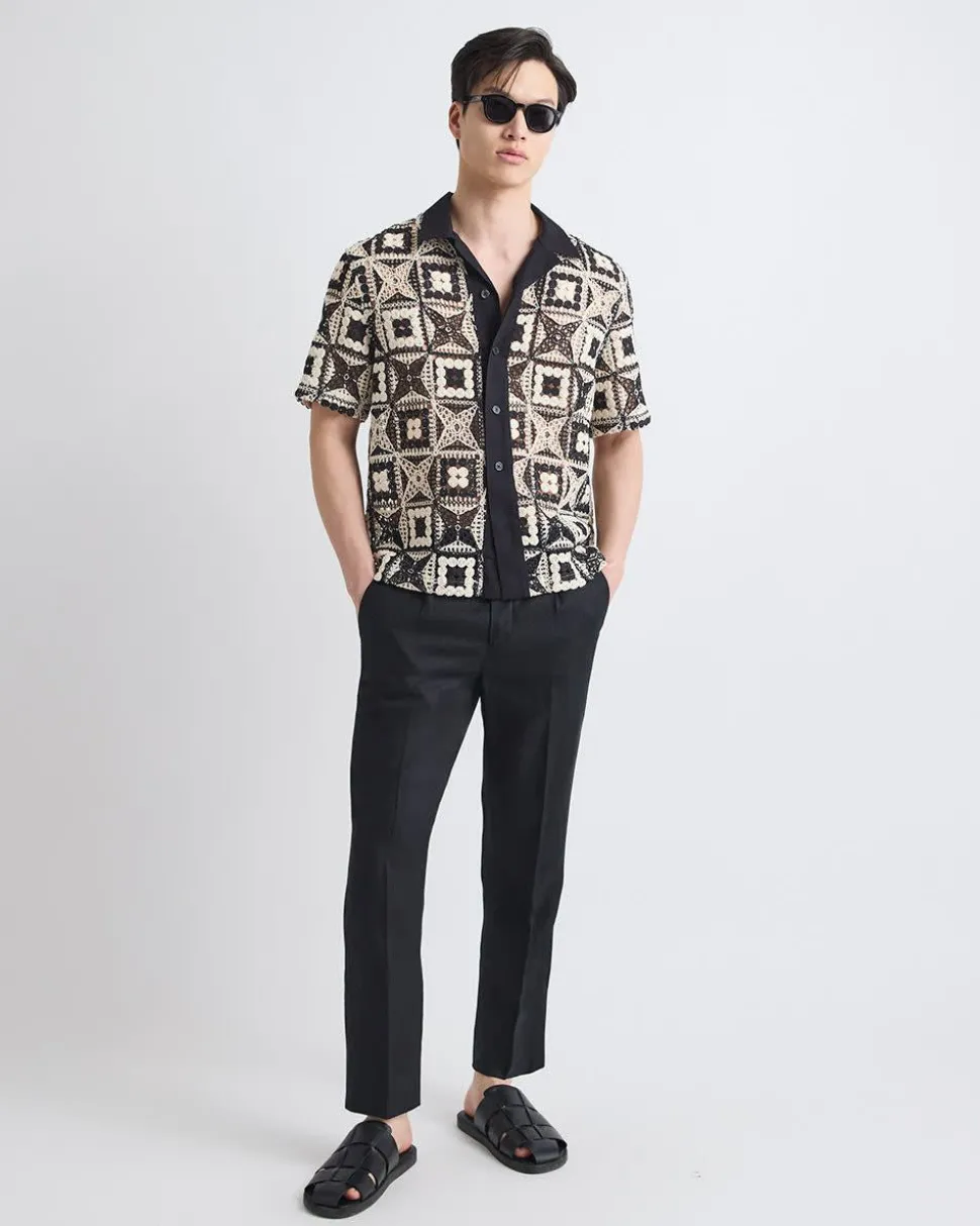 Short-Sleeve Granny-Stitch Shirt with Camp Collar