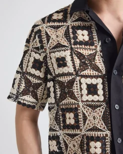 Short-Sleeve Granny-Stitch Shirt with Camp Collar