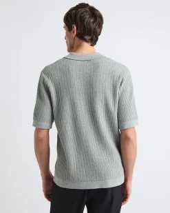 Short-Sleeve Half-Zip Textured Sweater with Shirt Neckline