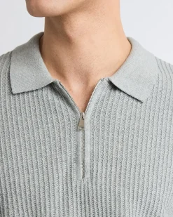 Short-Sleeve Half-Zip Textured Sweater with Shirt Neckline