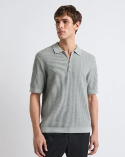 Short-Sleeve Half-Zip Textured Sweater with Shirt Neckline