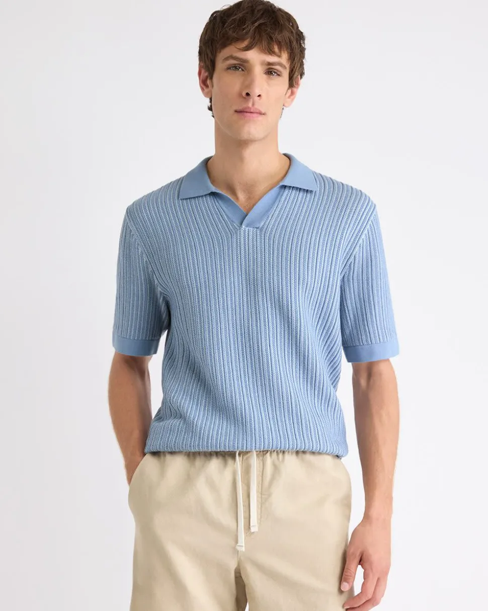 Short-Sleeve Johnny Sweater with Two-Tone Vertical Stitches