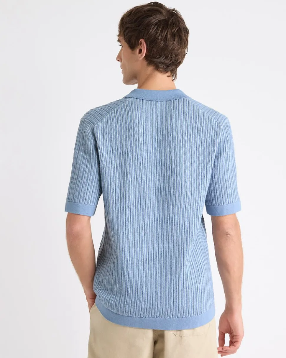 Short-Sleeve Johnny Sweater with Two-Tone Vertical Stitches