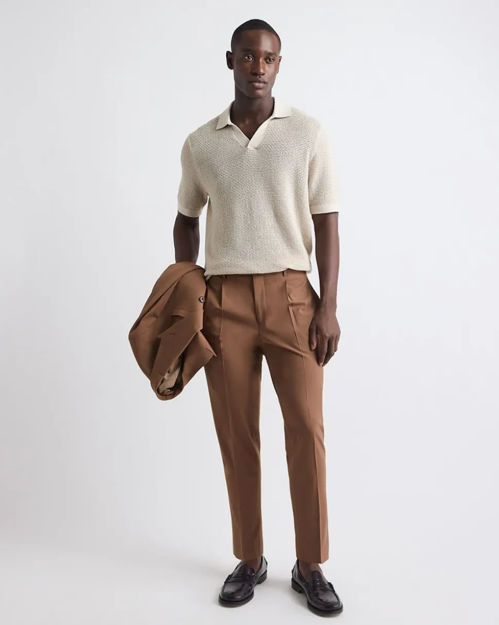 Short-Sleeve Johnny-Collar Sweater with Open Stitches