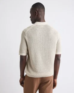 Short-Sleeve Johnny-Collar Sweater with Open Stitches