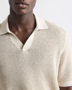 Short-Sleeve Johnny-Collar Sweater with Open Stitches