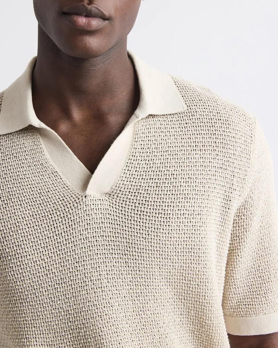Short-Sleeve Johnny-Collar Sweater with Open Stitches
