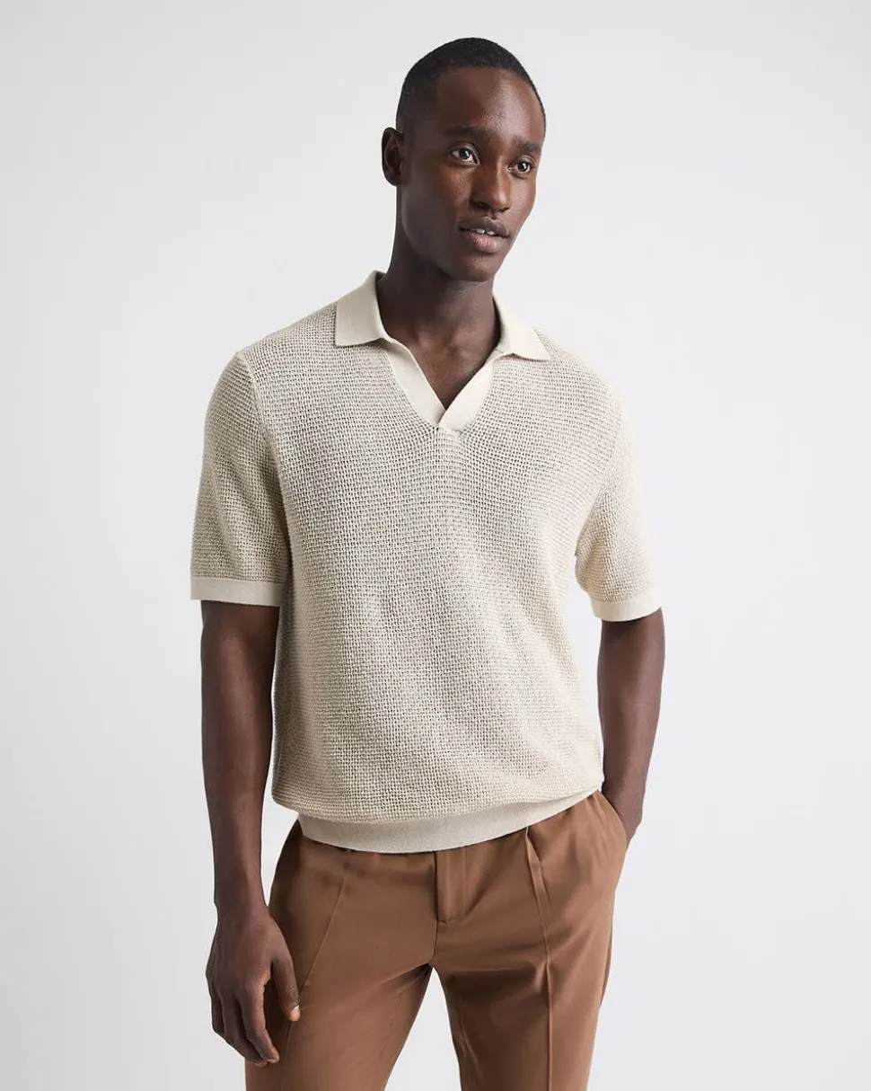 Short-Sleeve Johnny-Collar Sweater with Open Stitches