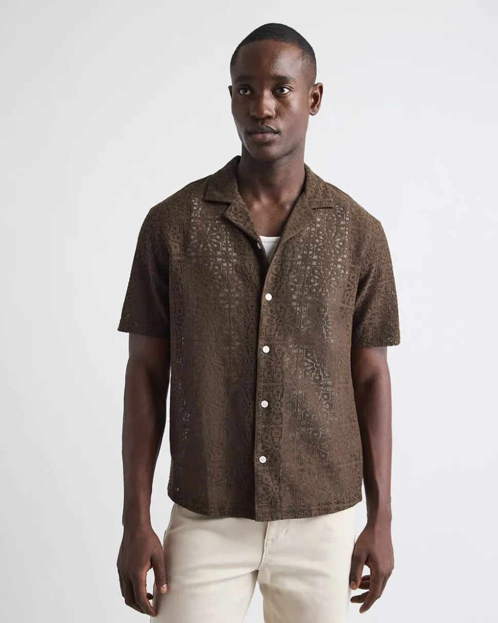 Short-Sleeve Lace Shirt with Camp Collar