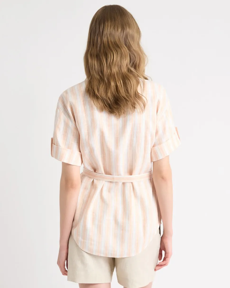 Short-Sleeve Linen-Blend Blouse with Removable Belt