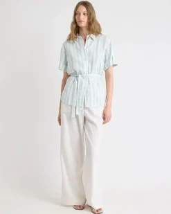 Short-Sleeve Linen-Blend Blouse with Removable Belt