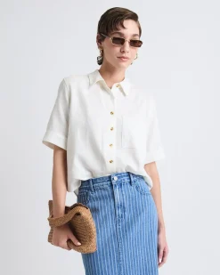 Short-Sleeve Linen-Blend Blouse with Shirt Collar