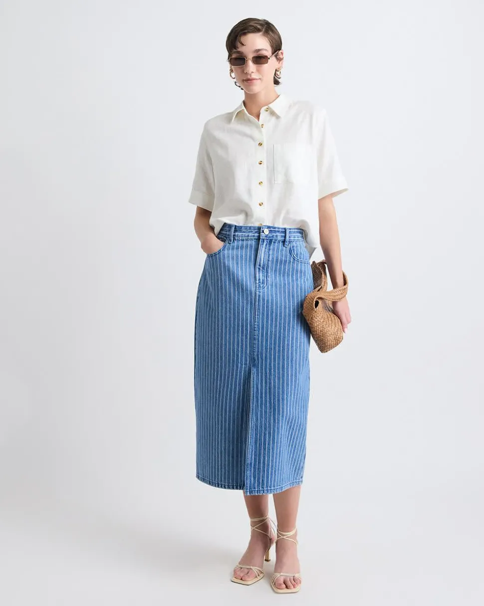 Short-Sleeve Linen-Blend Blouse with Shirt Collar