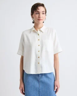 Short-Sleeve Linen-Blend Blouse with Shirt Collar