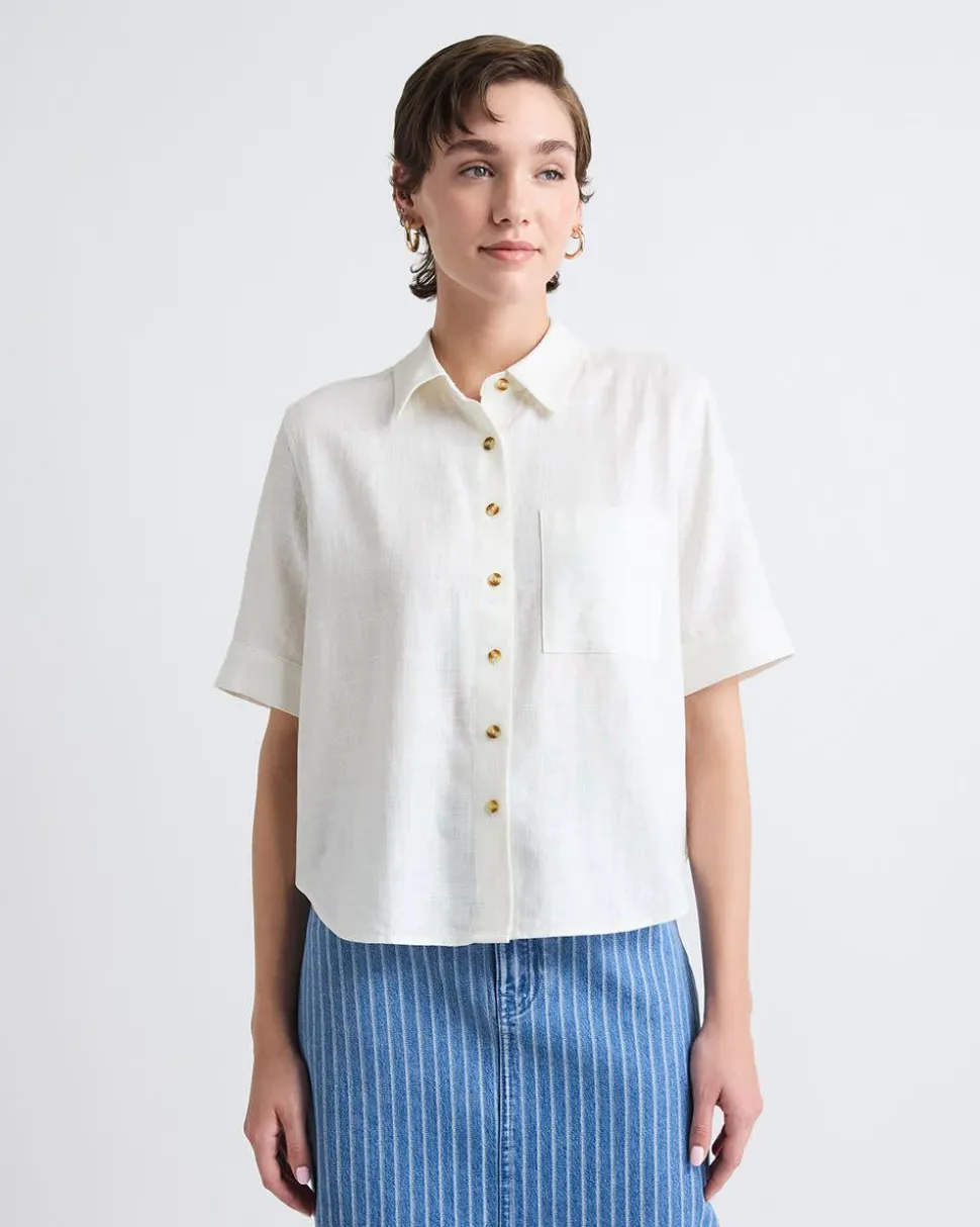 Short-Sleeve Linen-Blend Blouse with Shirt Collar
