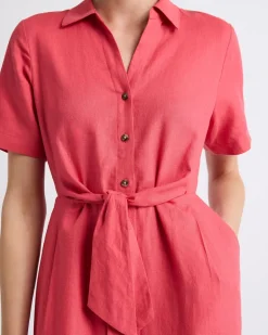 Short-Sleeve Linen-Blend Dress with Shirt Collar