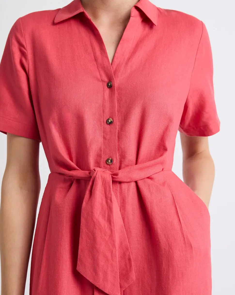 Short-Sleeve Linen-Blend Dress with Shirt Collar