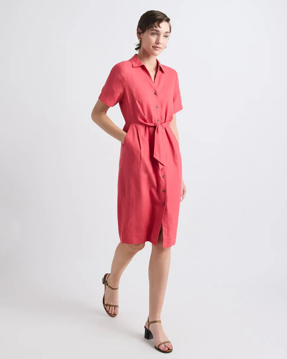 Short-Sleeve Linen-Blend Dress with Shirt Collar