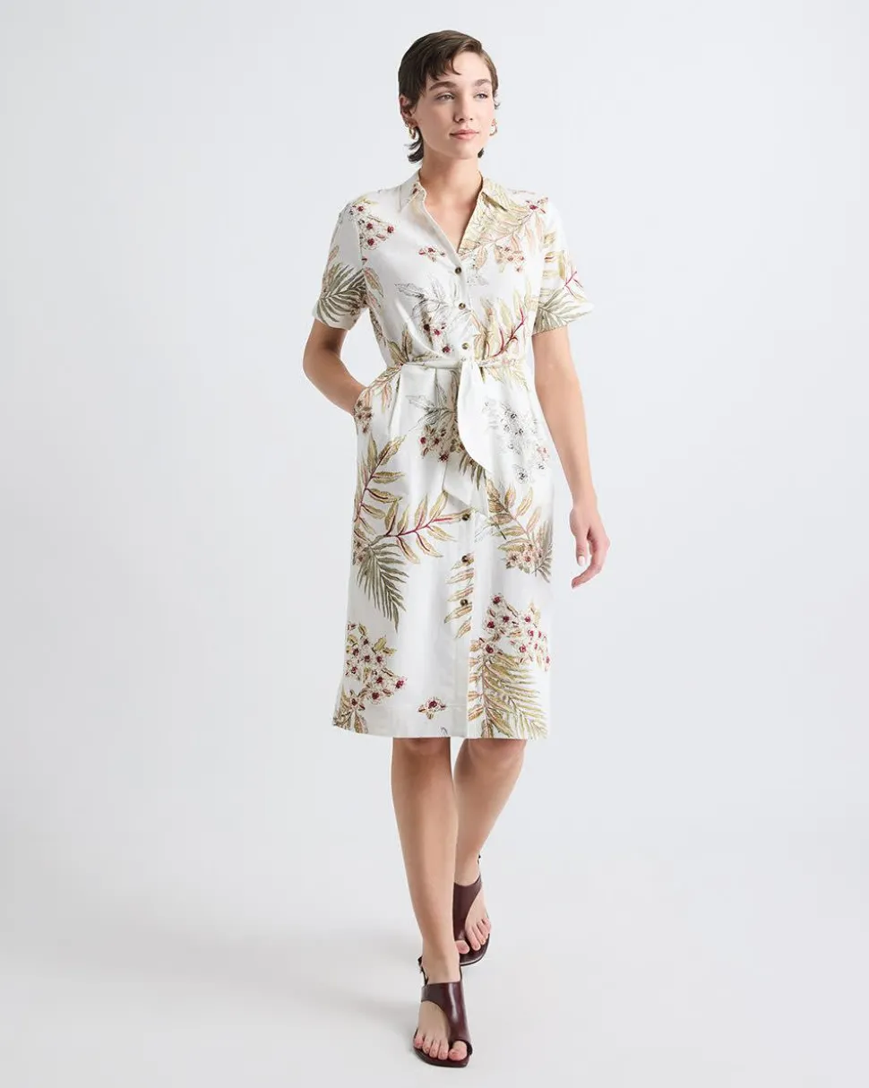Short-Sleeve Linen-Blend Dress with Shirt Collar