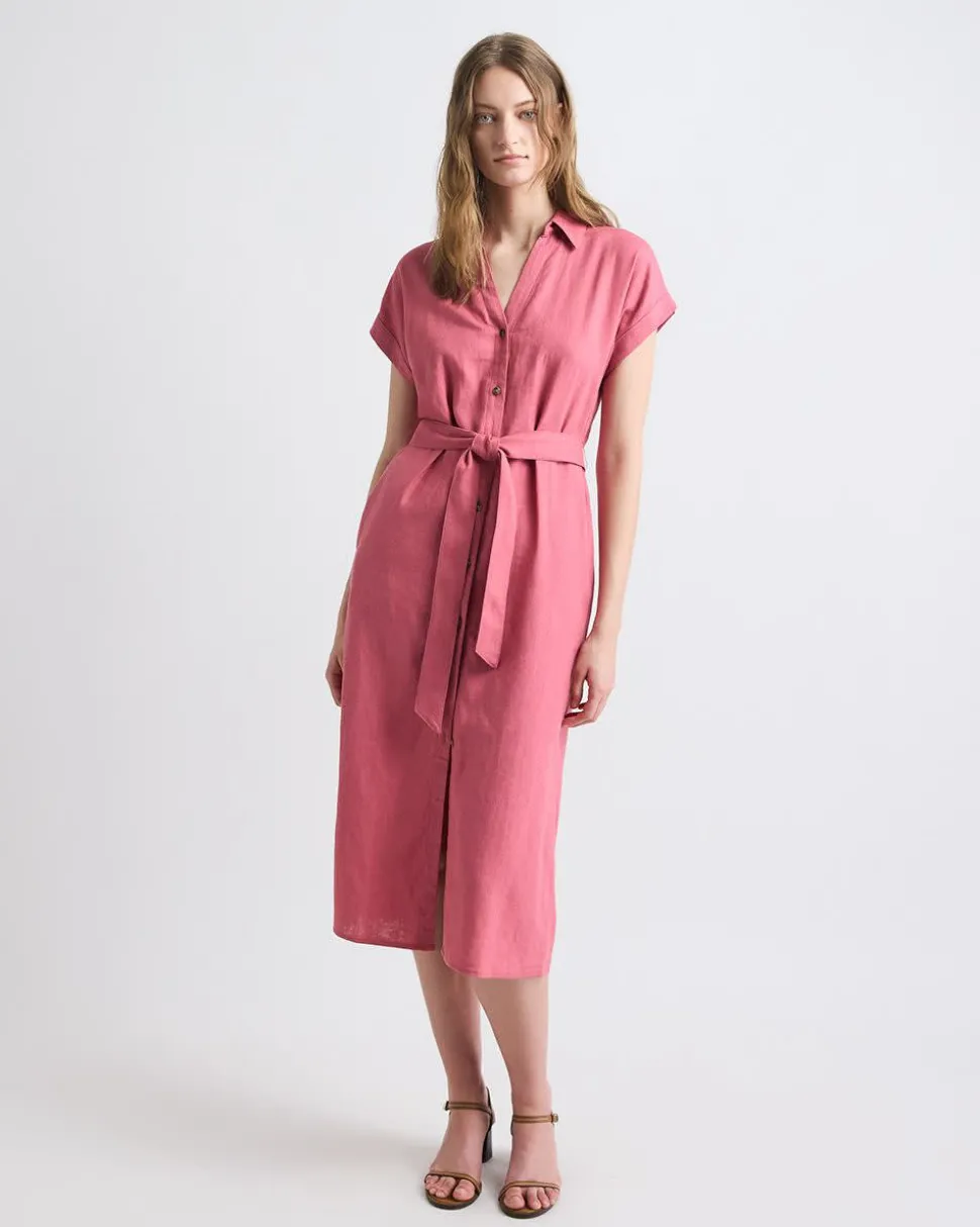 Short-Sleeve Linen-Blend Midi Dress with Shirt Collar