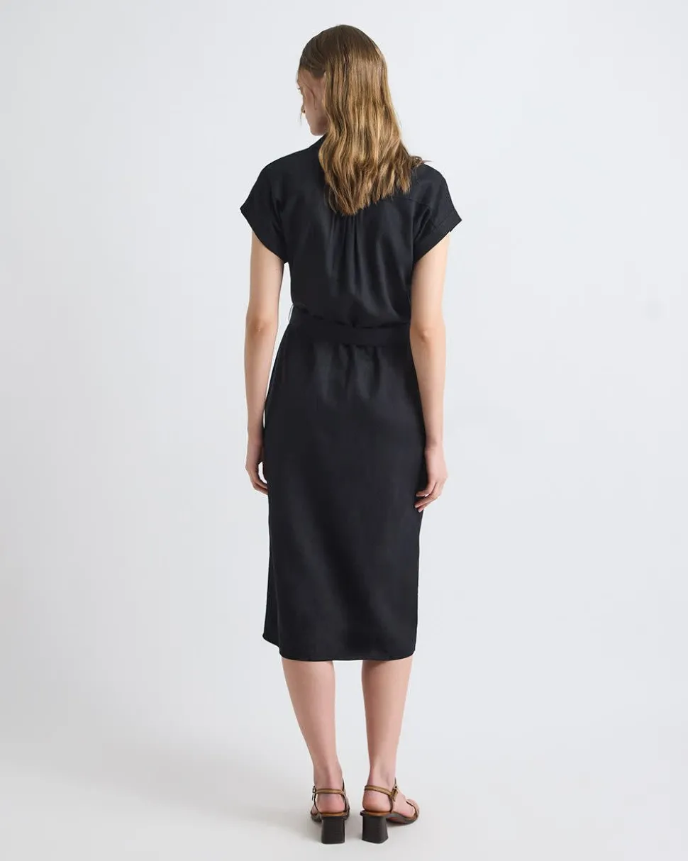 Short-Sleeve Linen-Blend Midi Dress with Shirt Collar