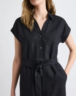 Short-Sleeve Linen-Blend Midi Dress with Shirt Collar
