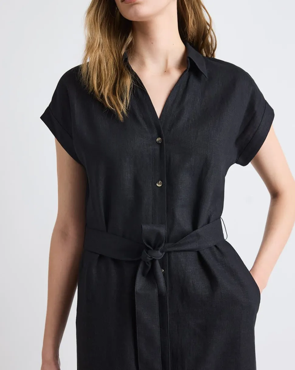 Short-Sleeve Linen-Blend Midi Dress with Shirt Collar