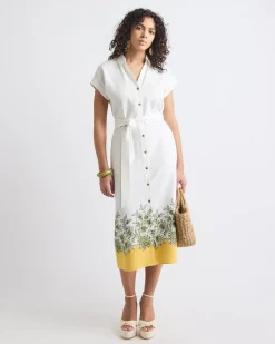 Short-Sleeve Linen-Blend Midi Dress with Shirt Collar