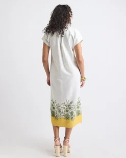 Short-Sleeve Linen-Blend Midi Dress with Shirt Collar