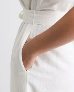 Short-Sleeve Linen-Blend Midi Dress with Shirt Collar