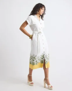 Short-Sleeve Linen-Blend Midi Dress with Shirt Collar