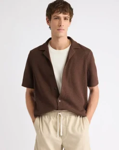 Short-Sleeve Open-Stitch Shirt with Camp Collar
