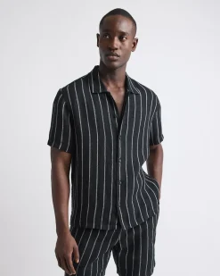 Short-Sleeve Striped Linen Shirt with Regular Collar