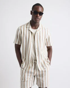 Short-Sleeve Striped Linen-Blend Shirt with Camp Collar