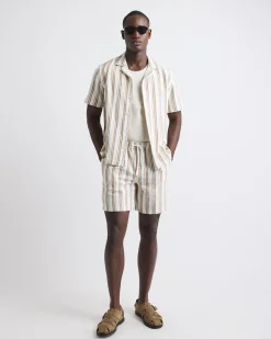 Short-Sleeve Striped Linen-Blend Shirt with Camp Collar