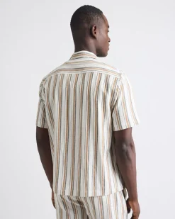 Short-Sleeve Striped Linen-Blend Shirt with Camp Collar