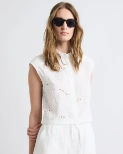 Sleeveless Buttoned-Down Blouse with Eyelet Pattern