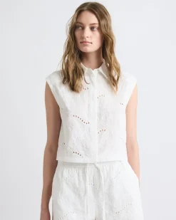 Sleeveless Buttoned-Down Blouse with Eyelet Pattern
