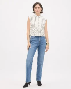 Sleeveless Buttoned-Down Striped Poplin Blouse with Twisted Detail
