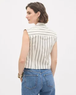 Sleeveless Buttoned-Down Striped Poplin Blouse with Twisted Detail