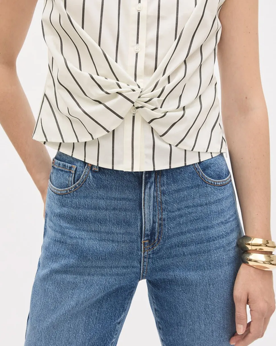 Sleeveless Buttoned-Down Striped Poplin Blouse with Twisted Detail