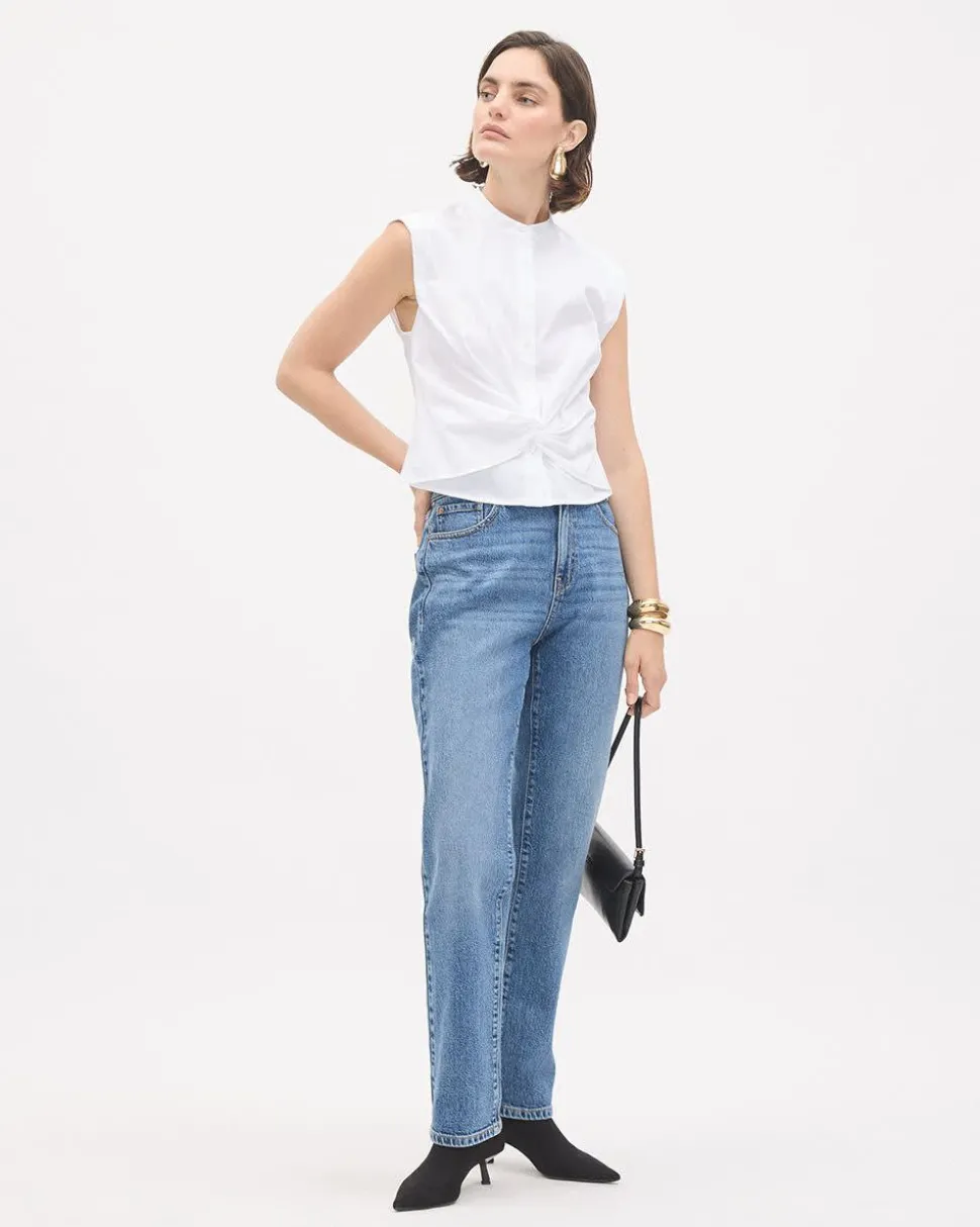 Sleeveless Buttoned-Down White Poplin Blouse with Twisted Detail