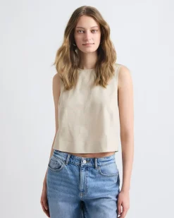 Sleeveless Crew-Neck Linen-Blend Blouse