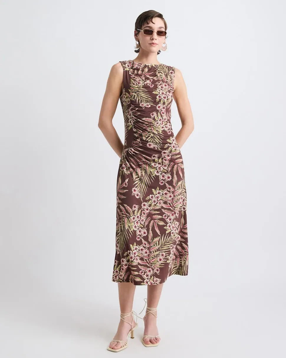 Sleeveless Crew-Neck Midi Dress with Shirred Seam