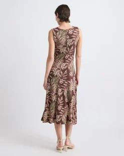 Sleeveless Crew-Neck Midi Dress with Shirred Seam