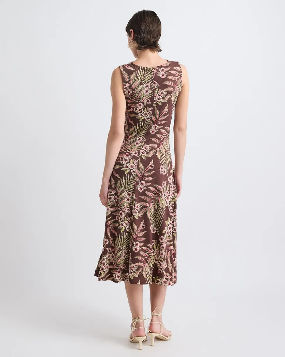Sleeveless Crew-Neck Midi Dress with Shirred Seam