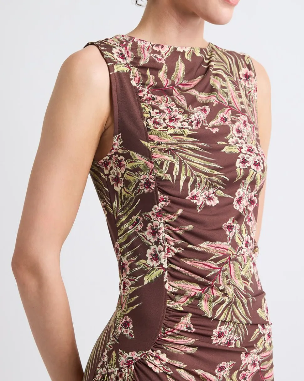 Sleeveless Crew-Neck Midi Dress with Shirred Seam