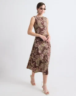 Sleeveless Crew-Neck Midi Dress with Shirred Seam