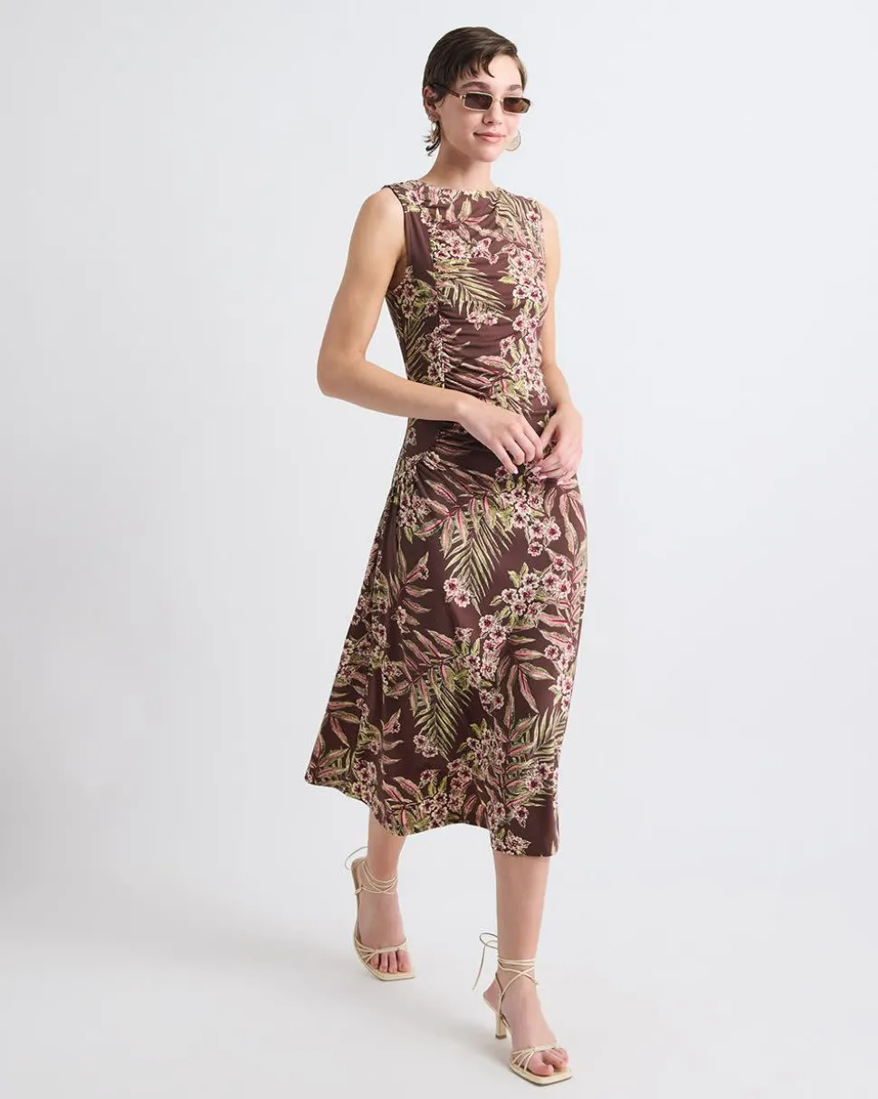 Sleeveless Crew-Neck Midi Dress with Shirred Seam