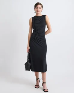 Sleeveless Crew-Neck Midi Dress with Shirred Seam